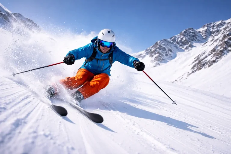 Skieur en pleine descente sur neige