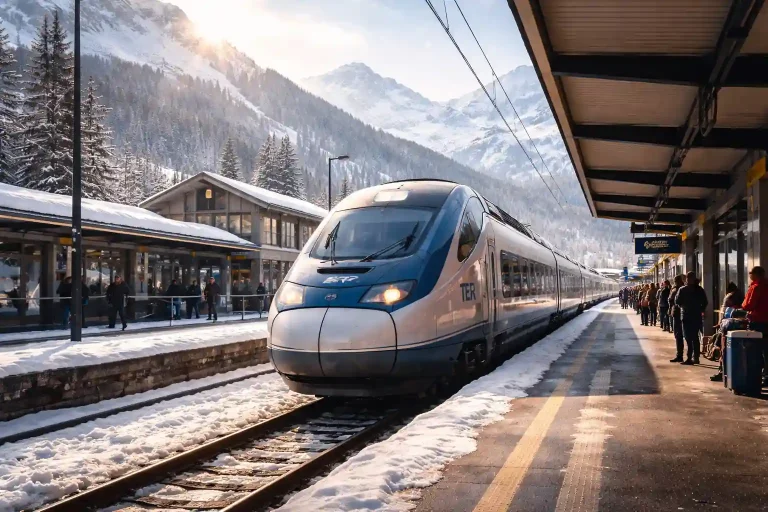 Un TER arrivant en gare dans les Alpes en plein hiver