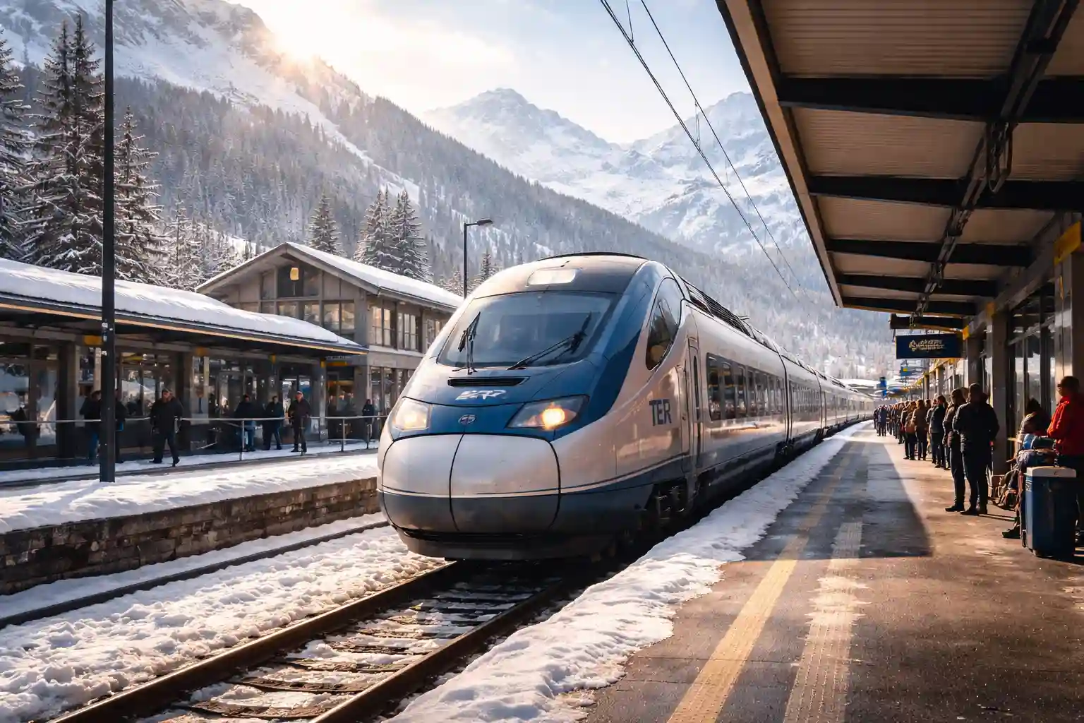 Un TER arrivant en gare dans les Alpes en plein hiver
