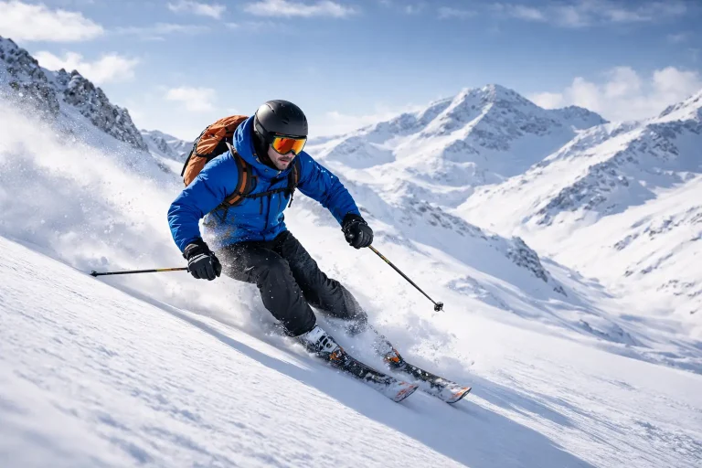Skieur dans la neige poudreuse en montagne