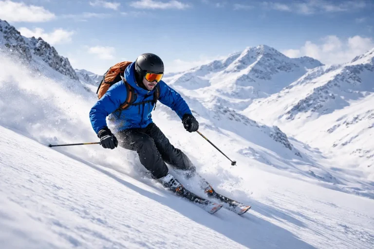 Un skieur dévalant une mente enneigée