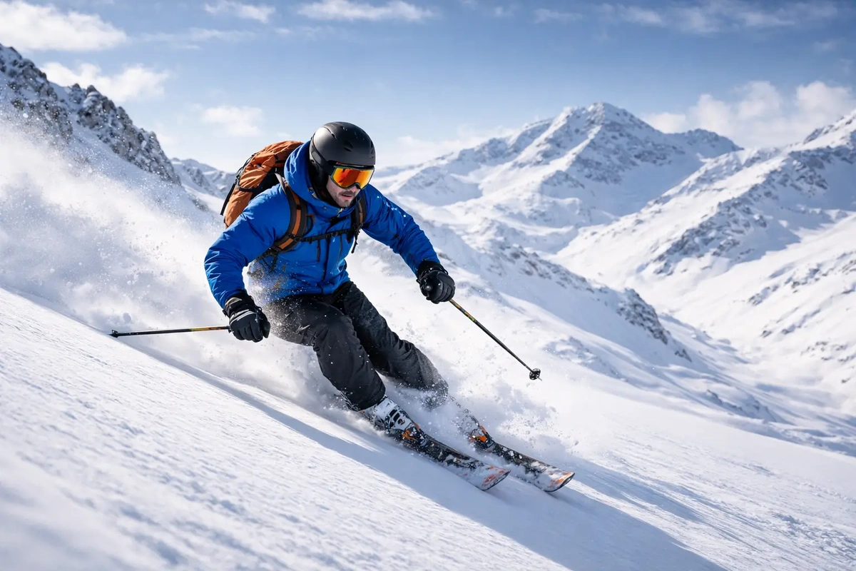 Un skieur dévalant une mente enneigée