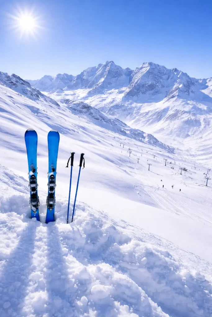 Domaine skiable avec une paire de skis au premier plan