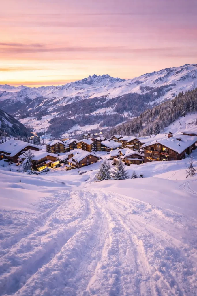 Station de ski avec des bâtiments en bois
