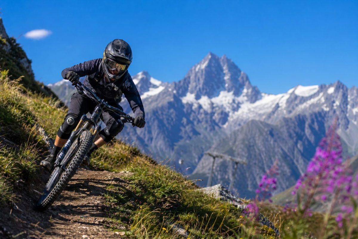 Un VTT sur une piste du Bike Park des Deux Alpes