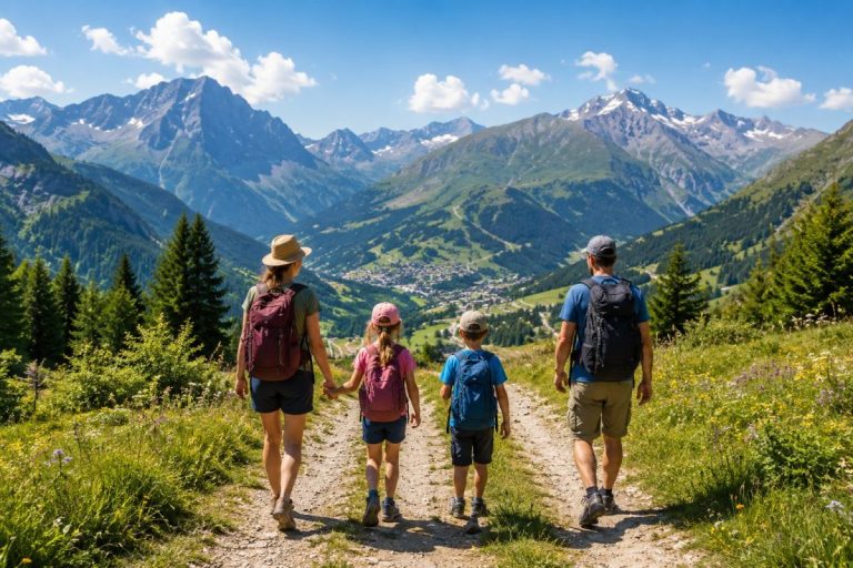 Une famille lors d'une sortie en randonnée en montagne