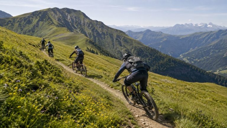 Vététistes sur un single alpin des Portes du Soleil, ambiance Pass’Portes MTB 2026