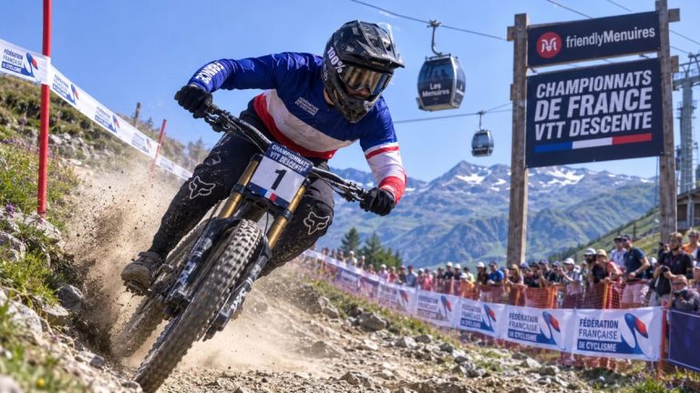 Pilote de VTT de descente en action lors des Championnats de France DH 2026 aux Menuires