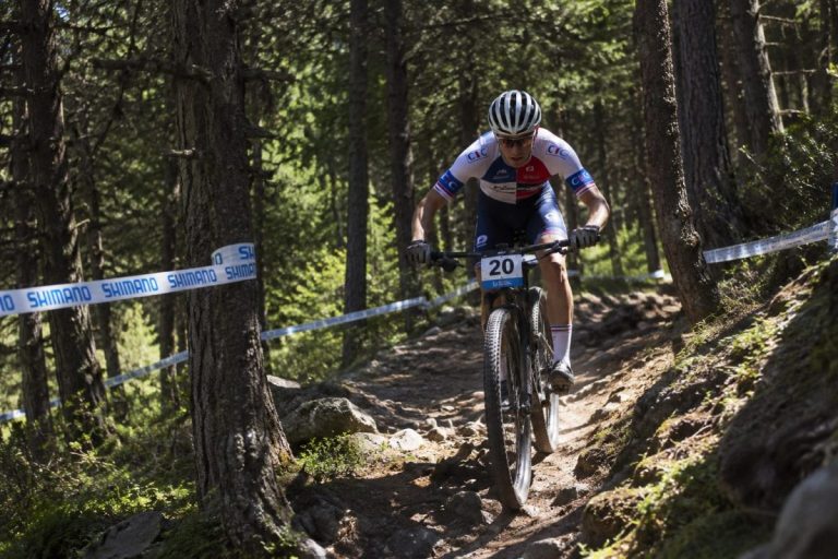 Un vététiste en descente dans la forêt du Dévoluy 2026