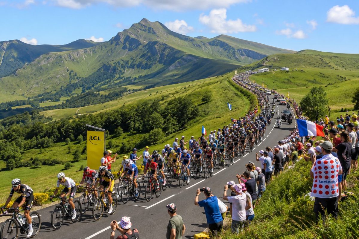 Peloton du Tour de France dans les montagnes du Cantal avant l'arrivée au Lioran