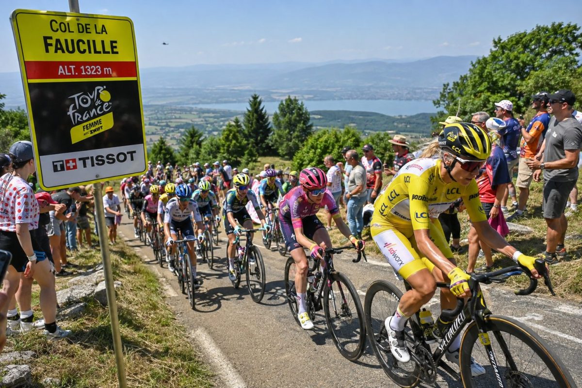 Les coureuses du Tour de France féminin 2026 au sommet du col de la Faucille.