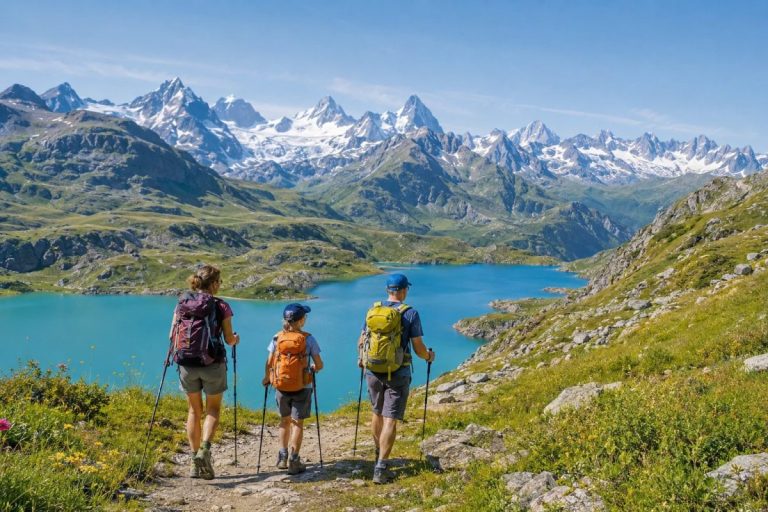 Une famille en randonnée au mois d'août en montagne