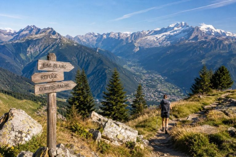 Paysage de montagne en septembre avec sommets alpins, vallée verdoyante et premières couleurs d’automne sous un ciel lumineux.