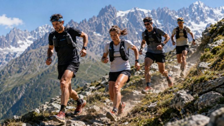 Coureurs de l’OCC UTMB 2026 sur un sentier de montagne entre Orsières et Chamonix