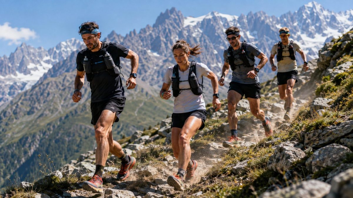 Coureurs de l’OCC UTMB 2026 sur un sentier de montagne entre Orsières et Chamonix