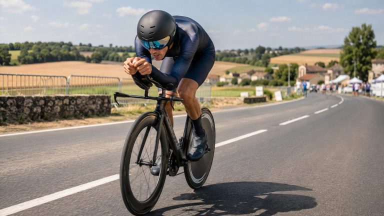 Cycliste en pleine course sur route