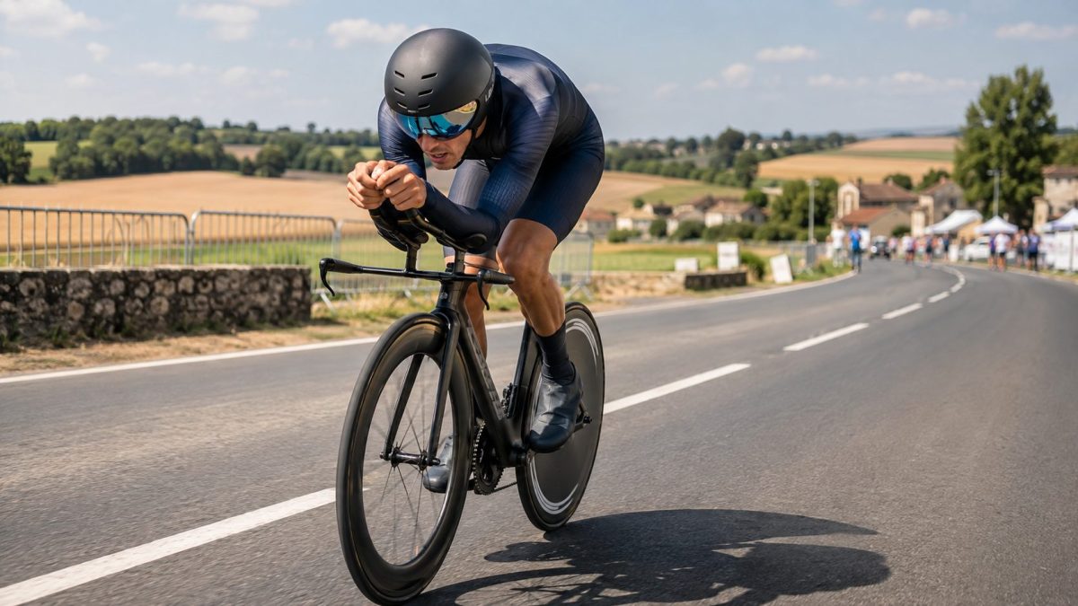 Cycliste en pleine course sur route