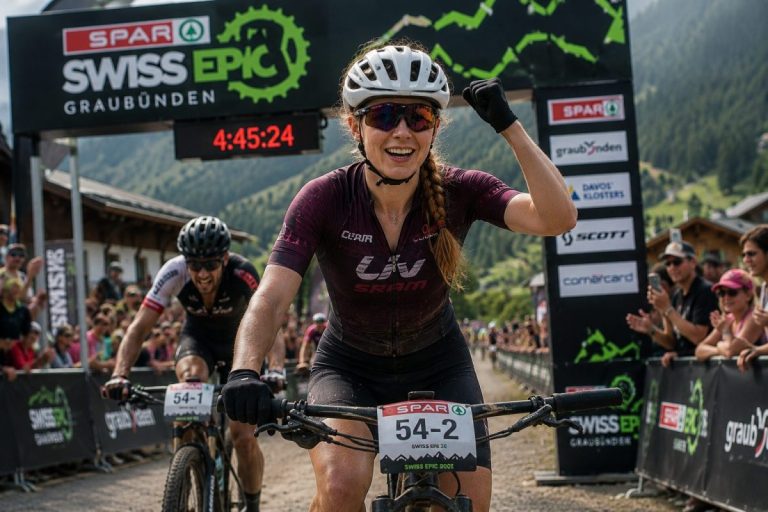 Une participante de la Swiss Epic 2026 qui franchit la ligne d'arrivée