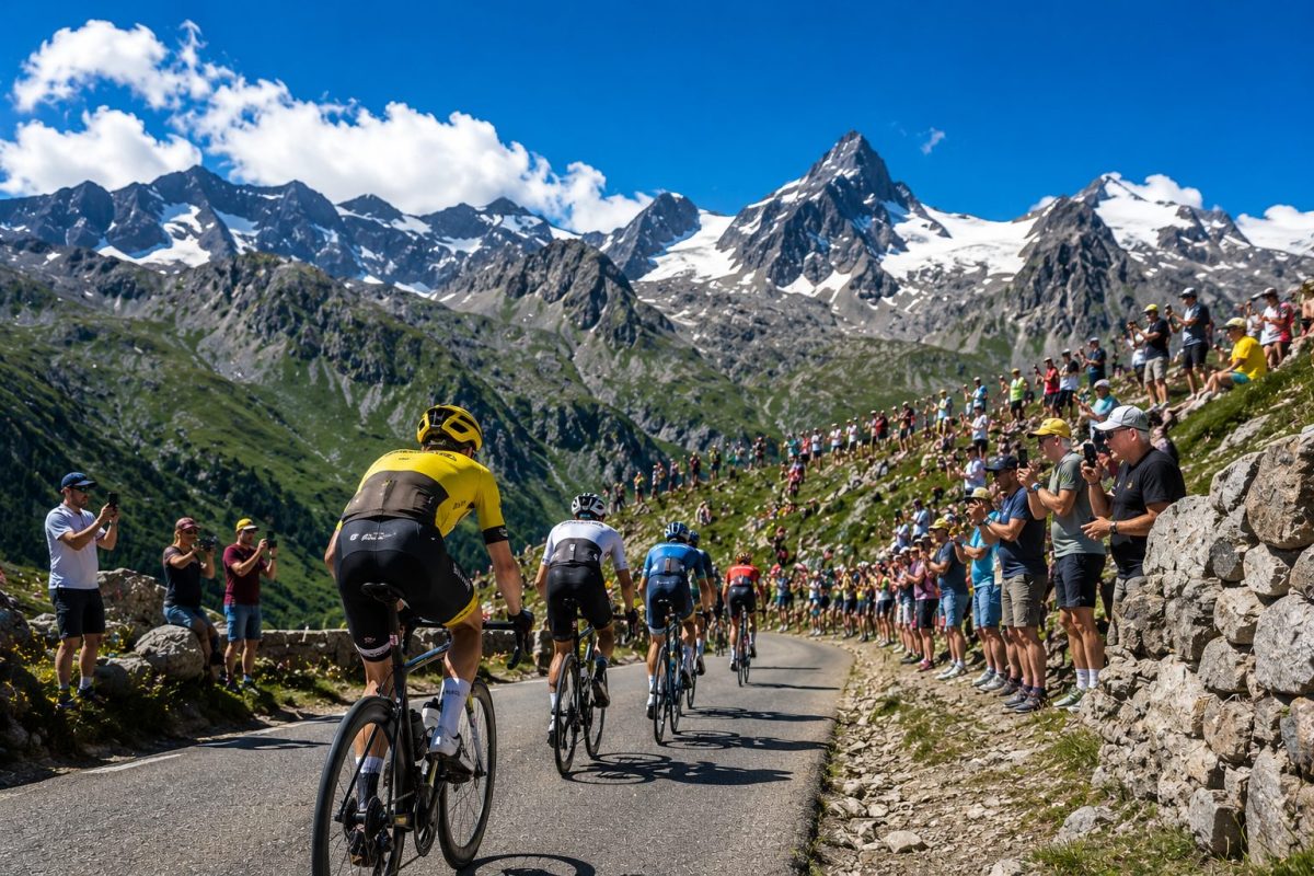 Coureurs du Tour de l’Avenir 2026 dans une ascension de haute montagne, entourés de spectateurs dans les Alpes