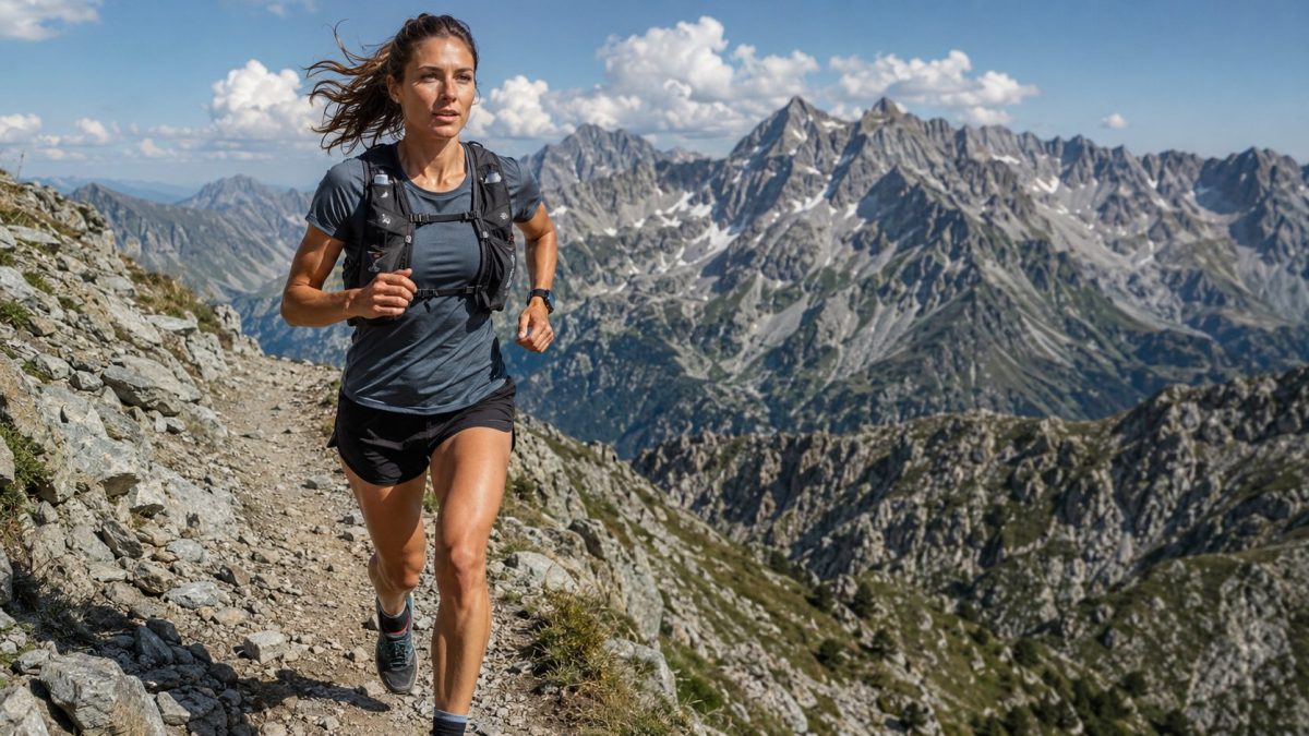 Femme courant en montagne, paysage magnifique.