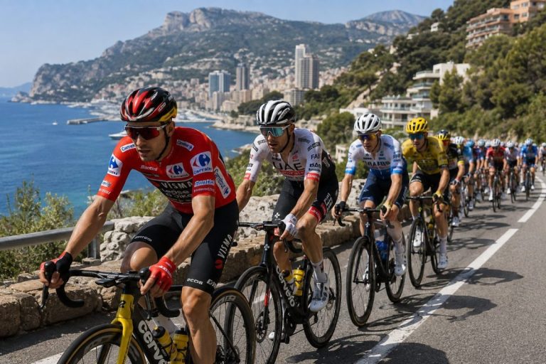 Peloton de la Vuelta 2026 lors de l’étape 2 entre Monaco et Manosque sur les routes de la Côte d’Azur