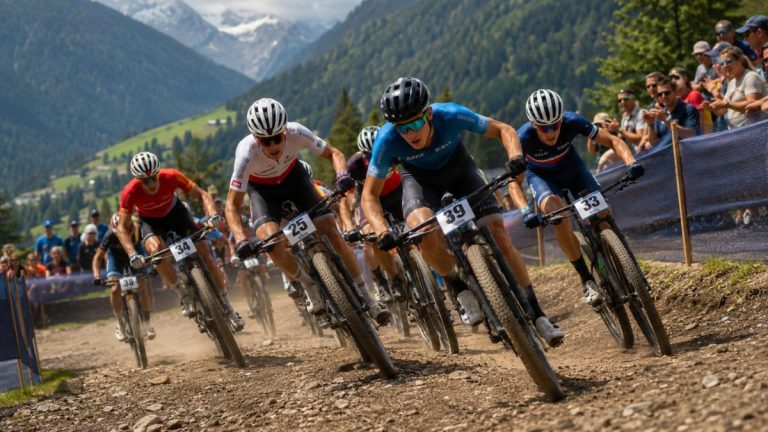 Cyclistes en compétition sur terrain accidenté.