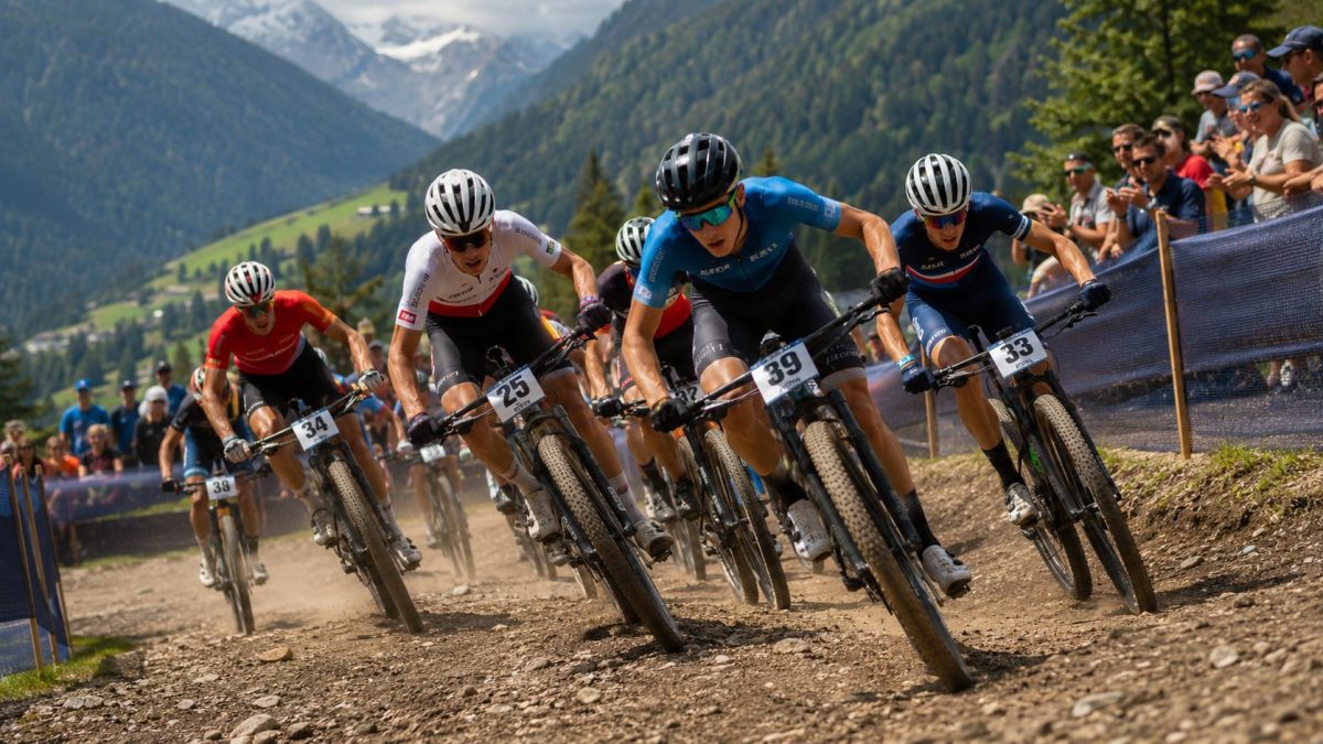 Cyclistes en compétition sur terrain accidenté.