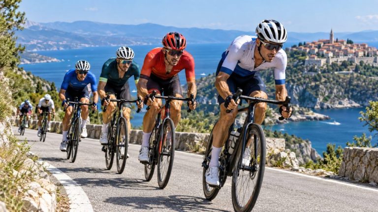Peloton en montée lors de l’étape 3 de la CRO Race 2026 entre Krk et Labin