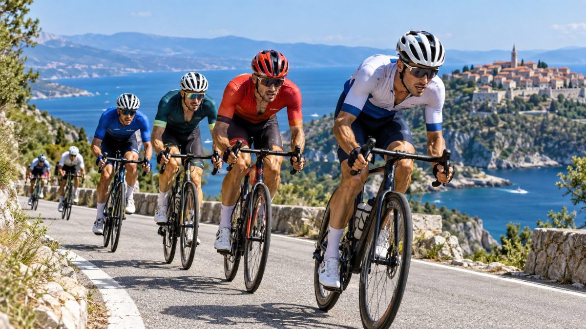 Peloton en montée lors de l’étape 3 de la CRO Race 2026 entre Krk et Labin
