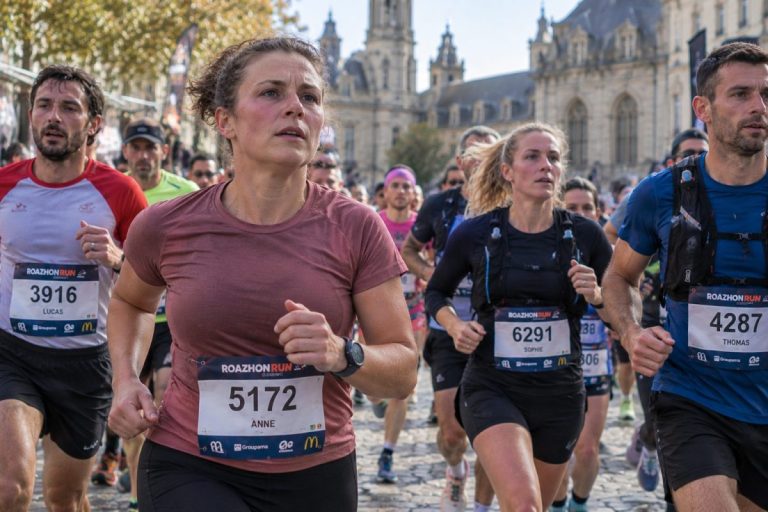 Coureurs de la Roazhon Run 2026 en plein effort dans les rues de Rennes
