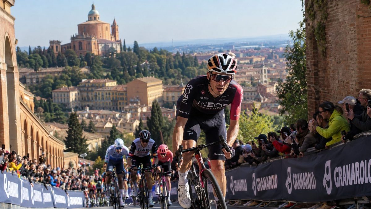 Giro dell’Emilia 2026 : coureurs dans l’ascension finale vers San Luca à Bologne