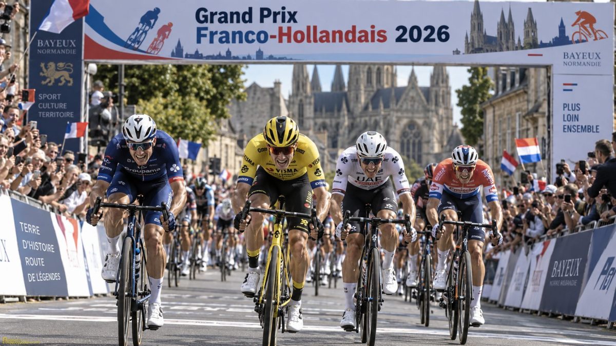 L'arrivée du Grand Prix franco-hollandais avec plusieurs coureurs sur la ligne d'arrivée