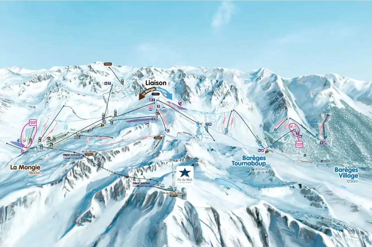 Plan des pistes du Grand Tourmalet, La Mongie et Barèges