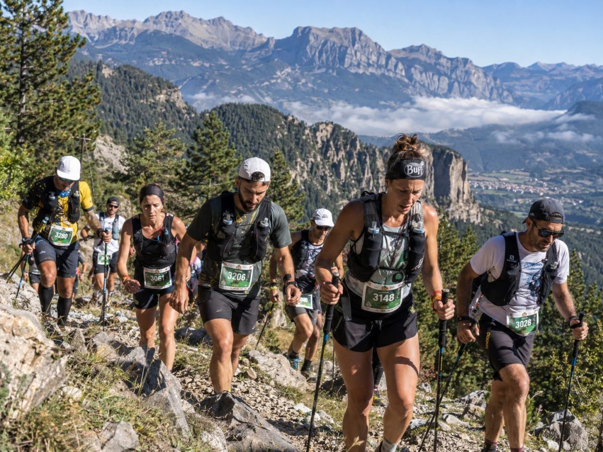 Coureurs et coureuses de l’Ultra Pirineu 2026 sur un sentier de montagne dans les Pyrénées