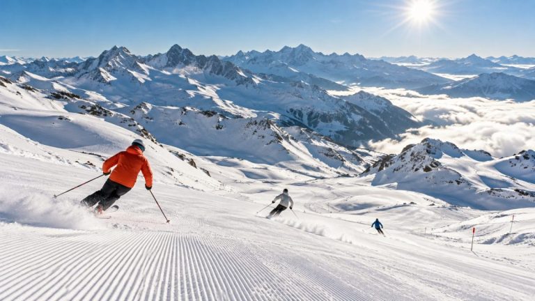 Trois skieurs dévalant une piste damée au cœur d’un vaste paysage de haute montagne enneigé, sous un ciel bleu ensoleillé, dans le domaine des 3 Vallées.