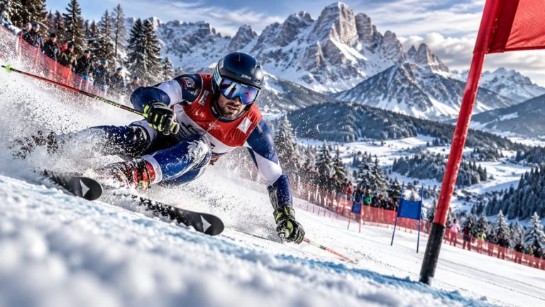 =Skieur en pleine épreuve de géant à Alta Badia, en appui dans une porte, sur la piste de la Gran Risa avec les Dolomites enneigées en arrière-plan.