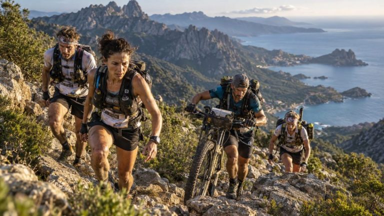 Équipe de course aventure progressant sur un sentier rocheux en Corse pendant l’ARWC 2026, avec traileurs et VTT face aux montagnes et à la Méditerranée
