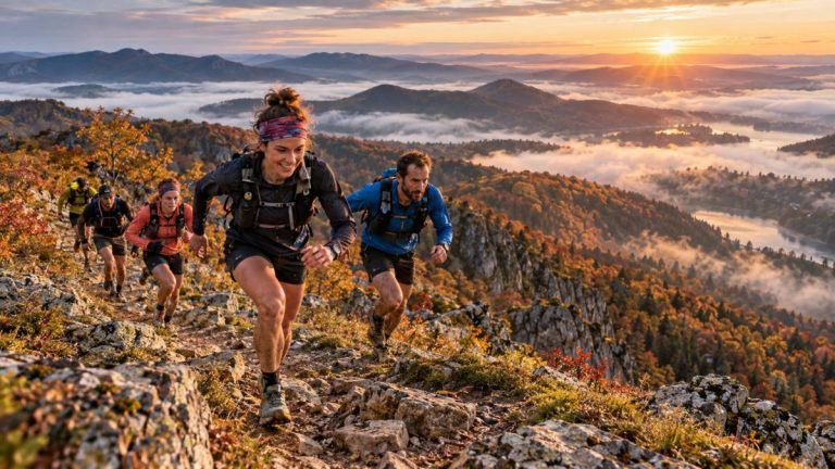 Traileuses et traileurs gravissant un sentier rocheux dans le massif des Vosges du Sud lors du BelforTrail 2026, avec les forêts aux couleurs de l’automne, les crêtes montagneuses et une mer de nuages illuminée par le soleil levant.