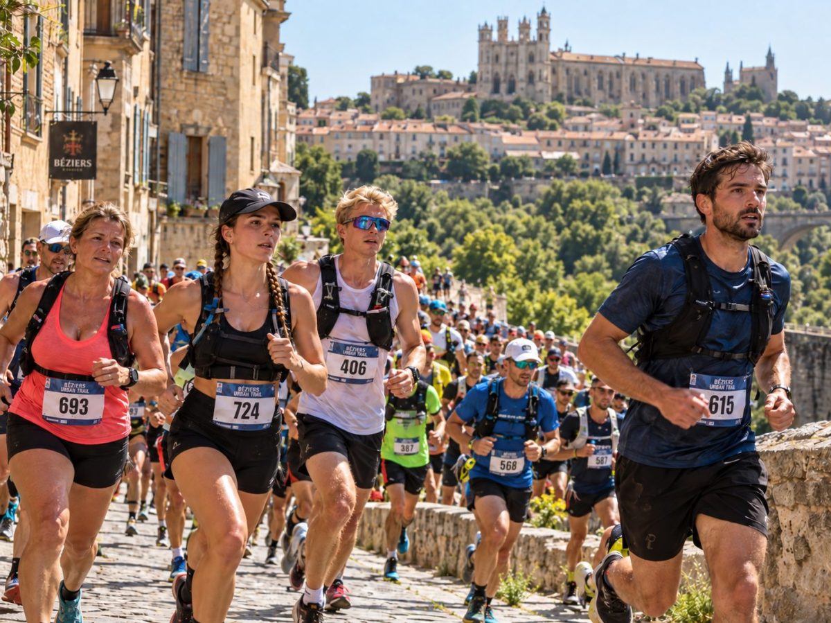 Coureurs et coureuses du Béziers Urban Trail 2026 dans les rues historiques de Béziers sous le soleil