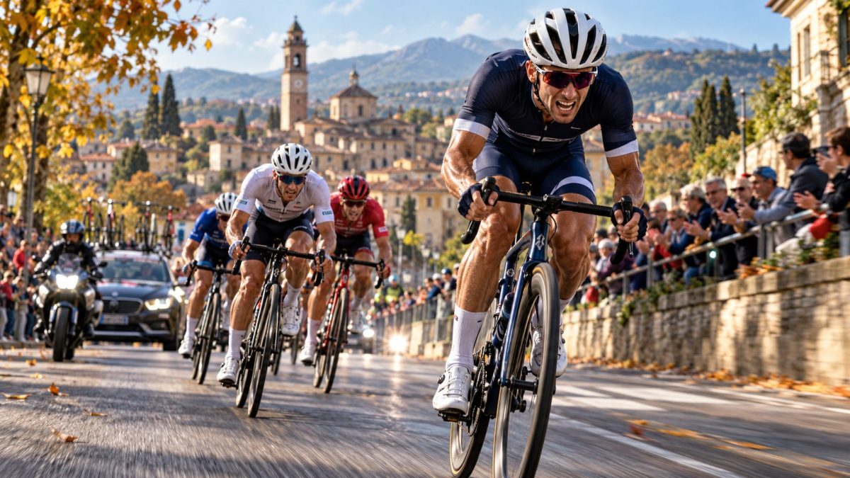 Peloton de la Coppa Bernocchi 2026 en pleine course sur les routes de Lombardie près de Legnano
