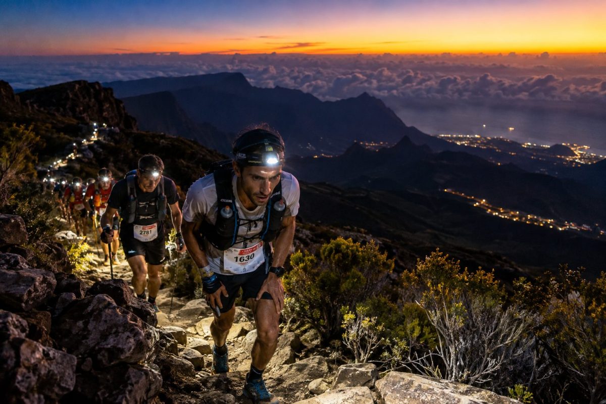 Des coureurs et coureuses disputant la Diagonale des Fous au crépuscule en 2026
