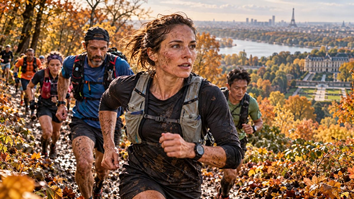 Traileuse au visage marqué par l'effort et la boue, suivie de plusieurs coureurs sur un sentier forestier aux couleurs de l'automne, avec Paris en arrière-plan, illustration de l'EcoTrail Paris Automne 2026.
