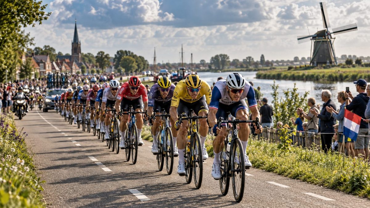 Peloton de cyclistes professionnels lors de l'Eneco Tour 2026 aux Pays-Bas, sur une route longeant un canal, avec un moulin à vent et des spectateurs.