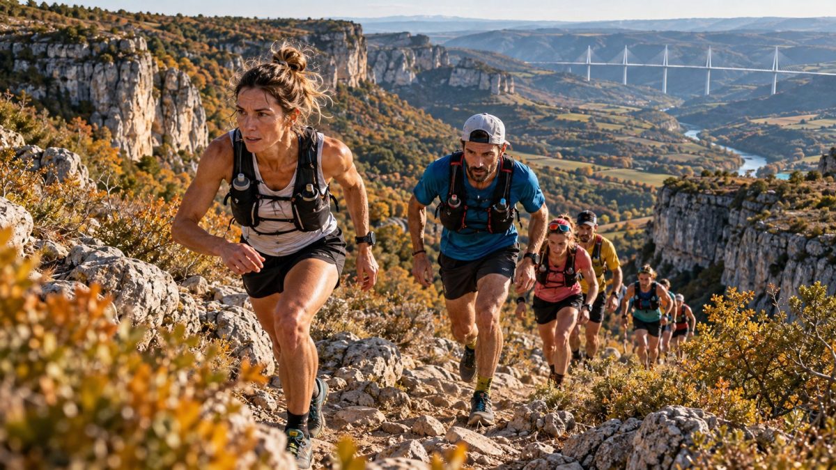 Traileuses et traileurs gravissant un sentier rocheux sur les causses de l’Aveyron lors du Festival des Templiers 2026, avec les falaises calcaires, les couleurs de l’automne et le viaduc de Millau en arrière-plan.