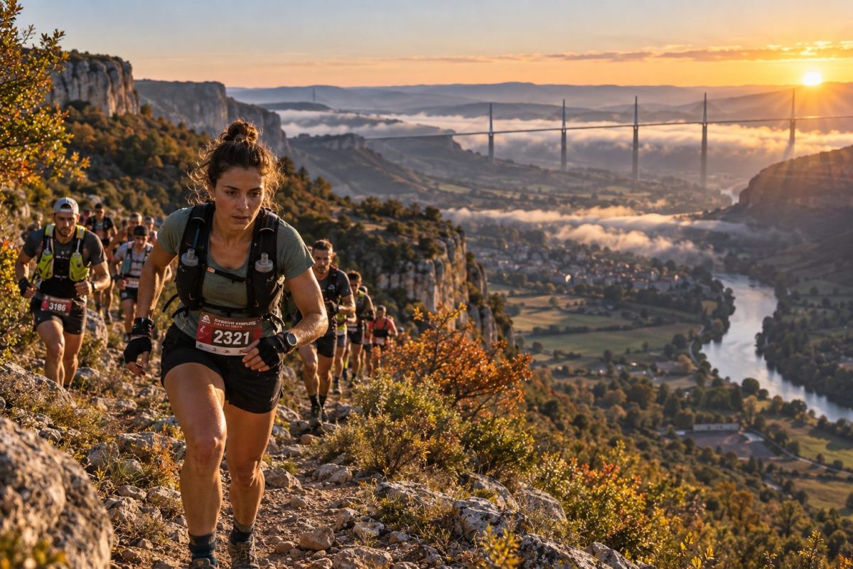 Traileurs du Festival des Templiers 2026 sur les sentiers dominant Millau au lever du soleil avec le viaduc en arrière-plan