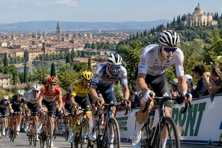 Peloton de cyclistes professionnels dans l'ascension de Monte Berico à Vicence, lors du Giro del Veneto 2026, avec la ville italienne et les collines de Vénétie en arrière-plan.