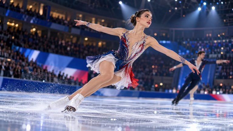Patineuse artistique en pleine glisse sur la glace lors d’une compétition en salle, sous les projecteurs, avec un second patineur en arrière-plan et le public dans les tribunes.