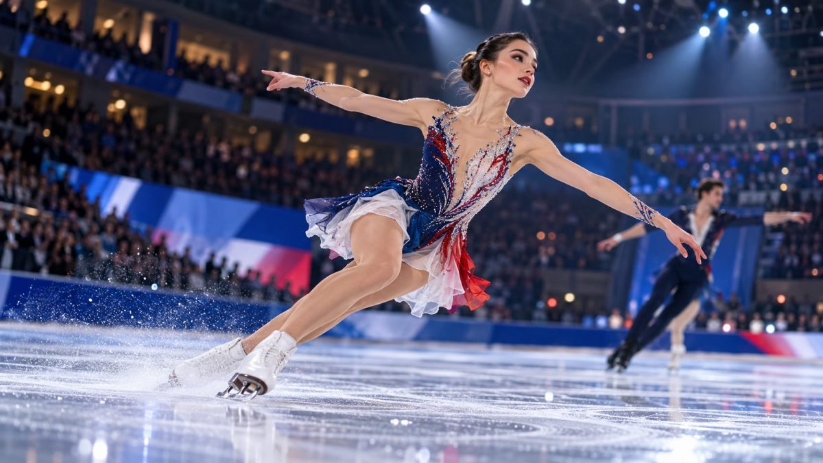 Patineuse artistique en pleine glisse sur la glace lors d’une compétition en salle, sous les projecteurs, avec un second patineur en arrière-plan et le public dans les tribunes.