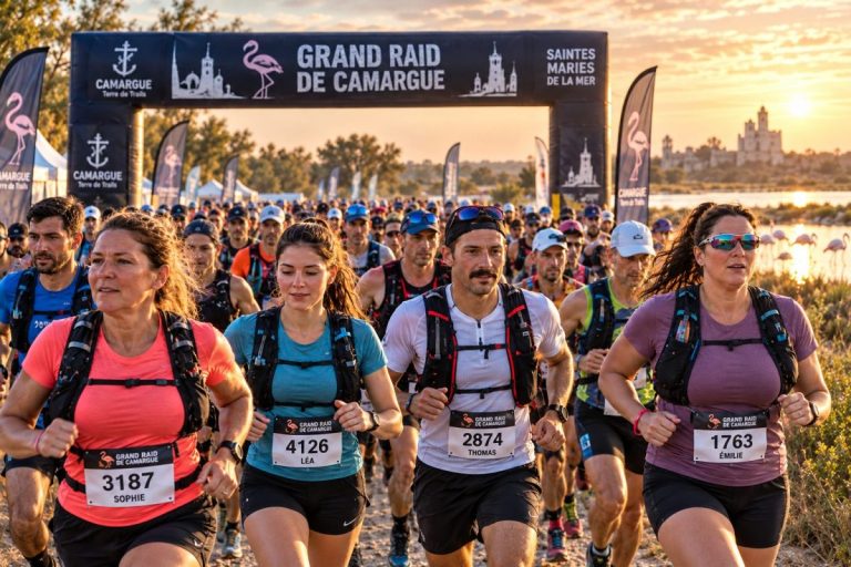 Départ du Grand Raid de Camargue 2026 avec de nombreux coureurs dans les paysages de Camargue au lever du soleil