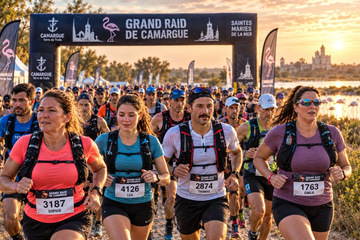 Départ du Grand Raid de Camargue 2026 avec de nombreux coureurs dans les paysages de Camargue au lever du soleil